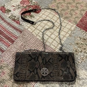 Tory Burch Snake embossed leather shoulder evening bag